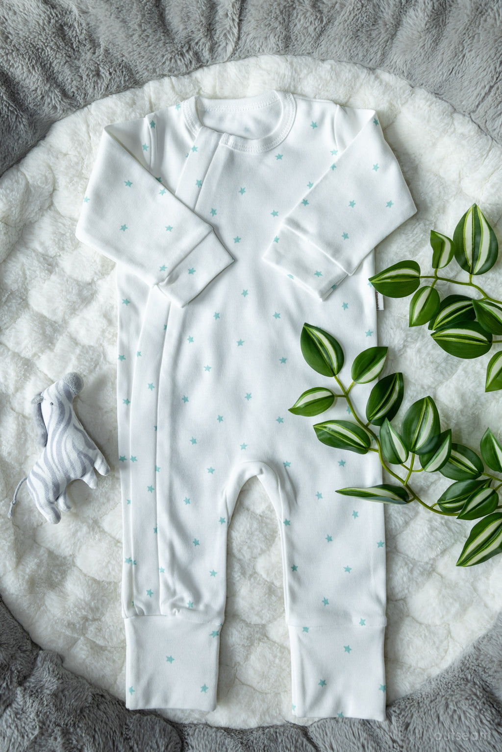 Outseam Romper - Mint Stars — soft cotton baby romper with outward seams